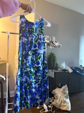 Milly Blue and Green Floral Midi Dress